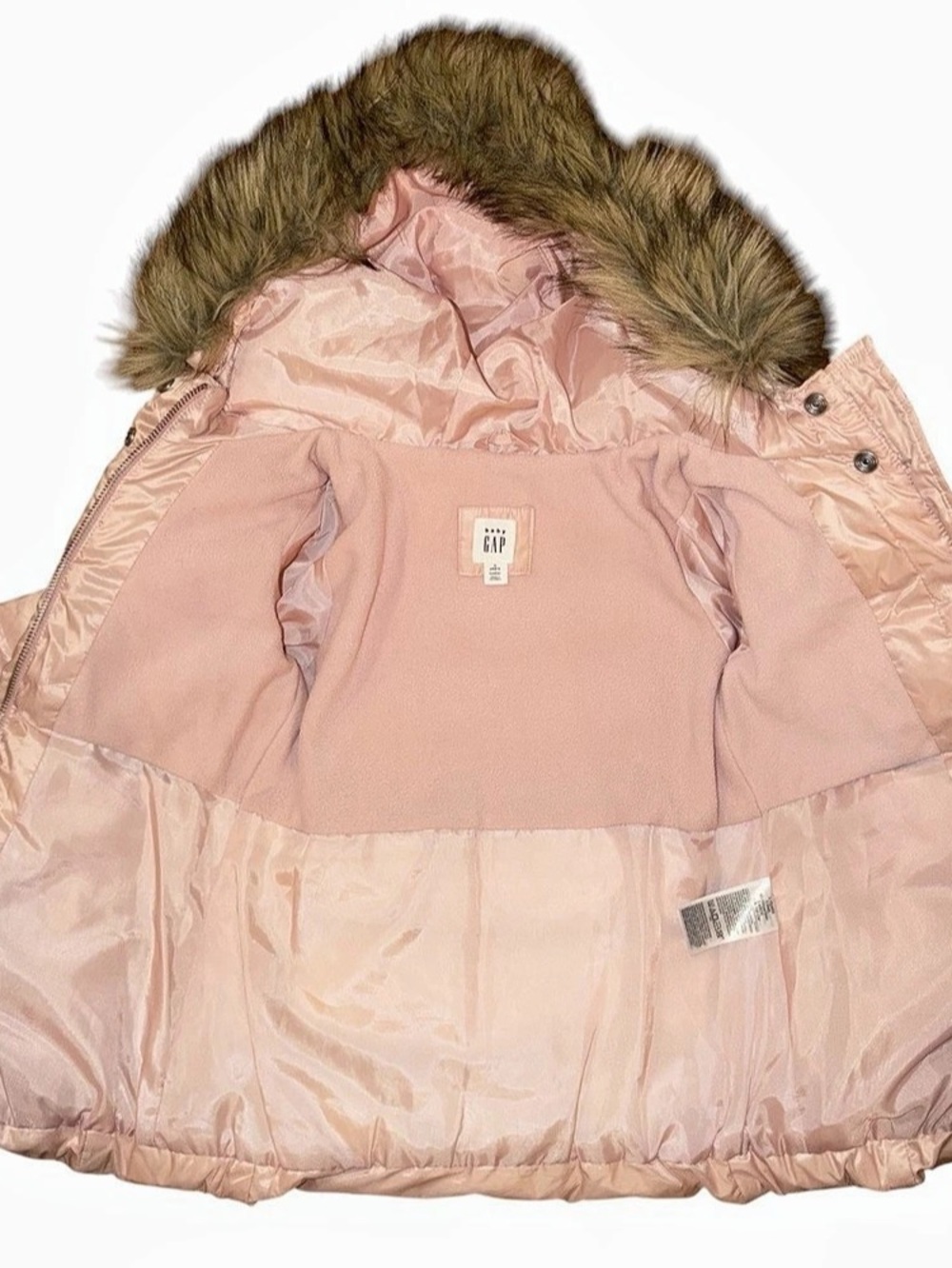 Baby Gap Girls Pink Hooded Puffer Coat 3T Faux Fur Trim Zip Down Insulated - Picture 3 of 5